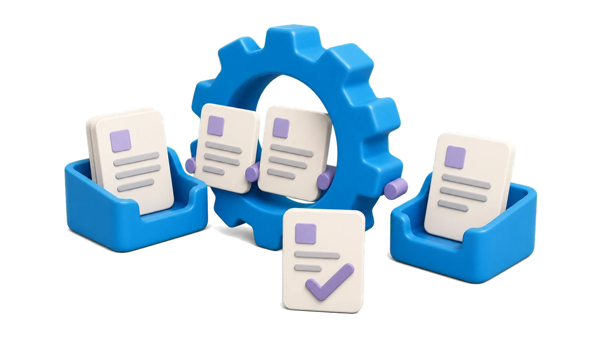 Engrane que conecta bandejas de documentos y una aprobación para representar la automatización de tareas administrativas