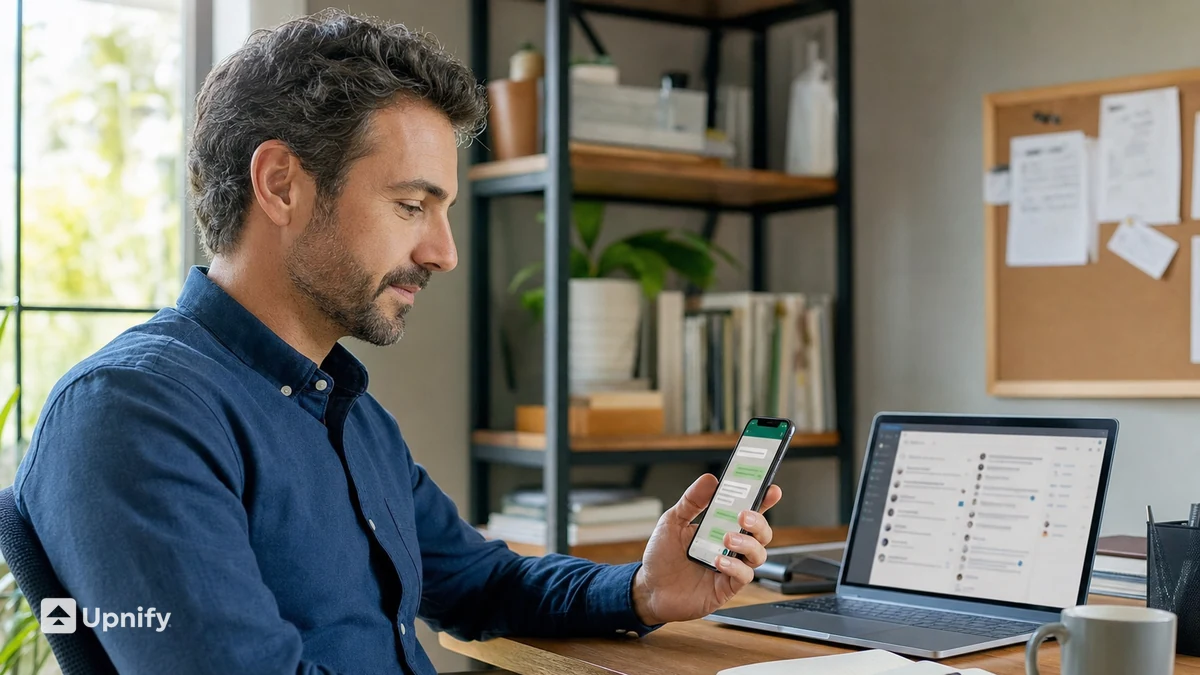 Empresario consulta WhatsApp en su celular mientras revisa una bandeja de conversaciones centralizada en su laptop