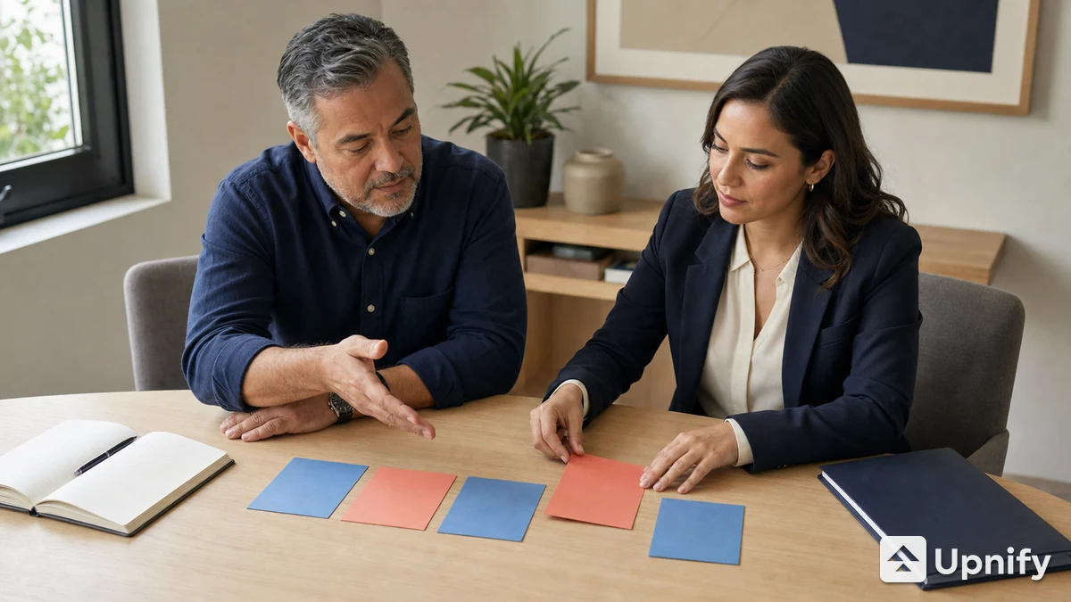 Dos profesionales del equipo comercial organizan tarjetas para definir las etapas de un proceso de ventas
