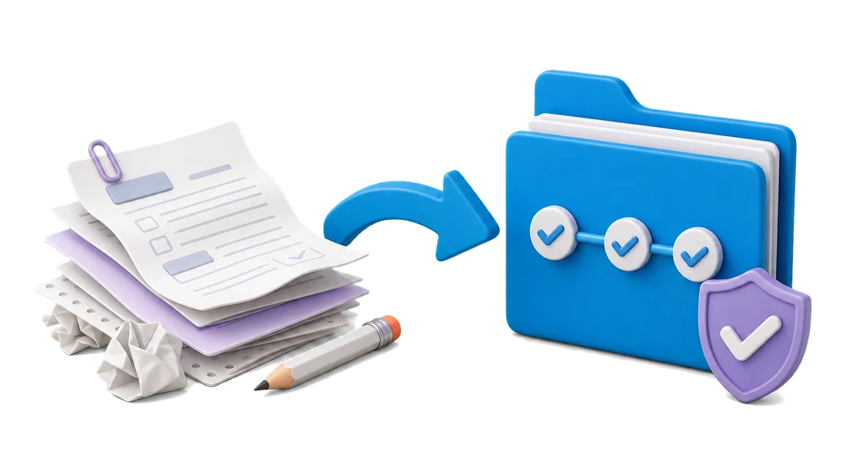 Documentos en papel que pasan a una carpeta con etapas conectadas y un escudo, como transición hacia procesos digitales trazables