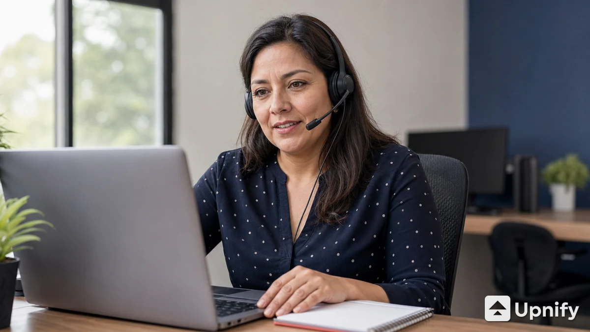 Asesora con auriculares atendiendo una consulta desde su laptop para ofrecer una respuesta rápida y cercana al cliente