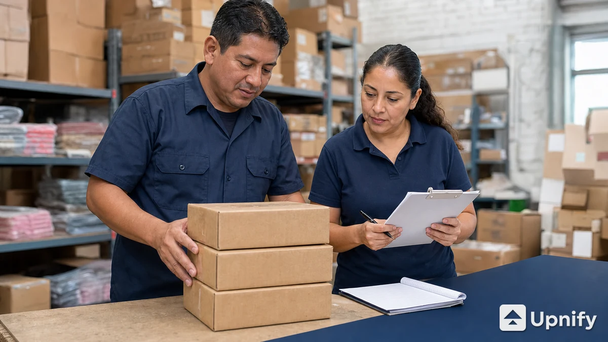 Dos responsables de almacén cuentan cajas y revisan un registro para conciliar el inventario físico con las ventas