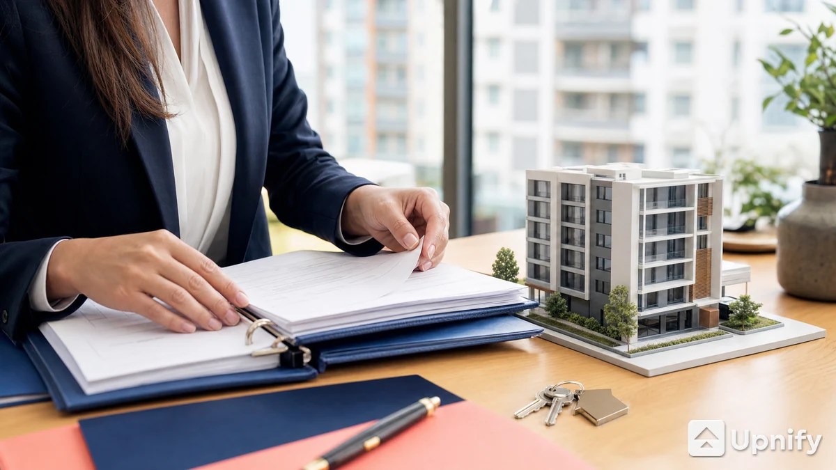 Profesional inmobiliaria revisando un expediente junto a una maqueta de edificio residencial