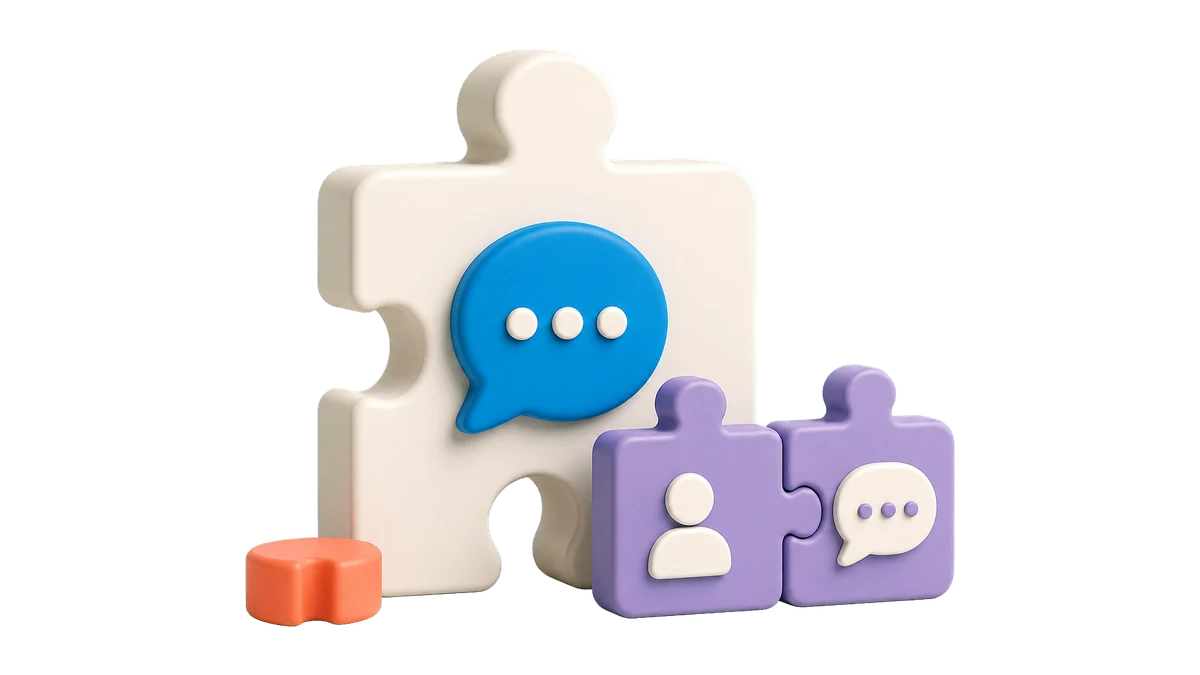 Piezas de rompecabezas con burbujas de chat que representan la integración de plugins de conversación en un sitio web
