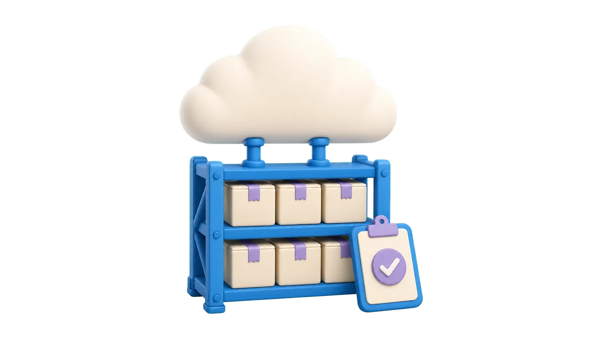 Nube conectada a un estante de cajas y una lista de control que representa la gestión de inventario en la nube