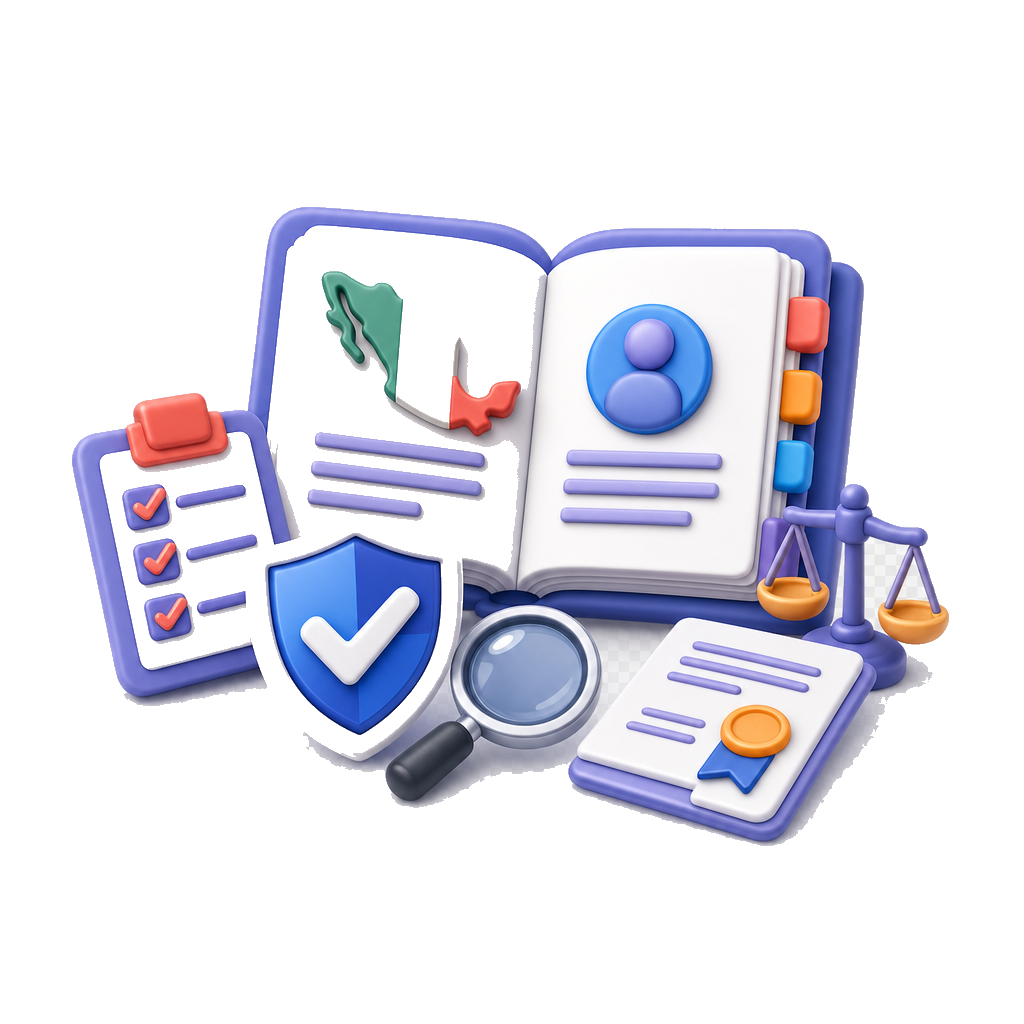 Ilustración 3D de un diccionario PLD abierto con mapa de México, checklist, escudo, lupa, balanza y documento