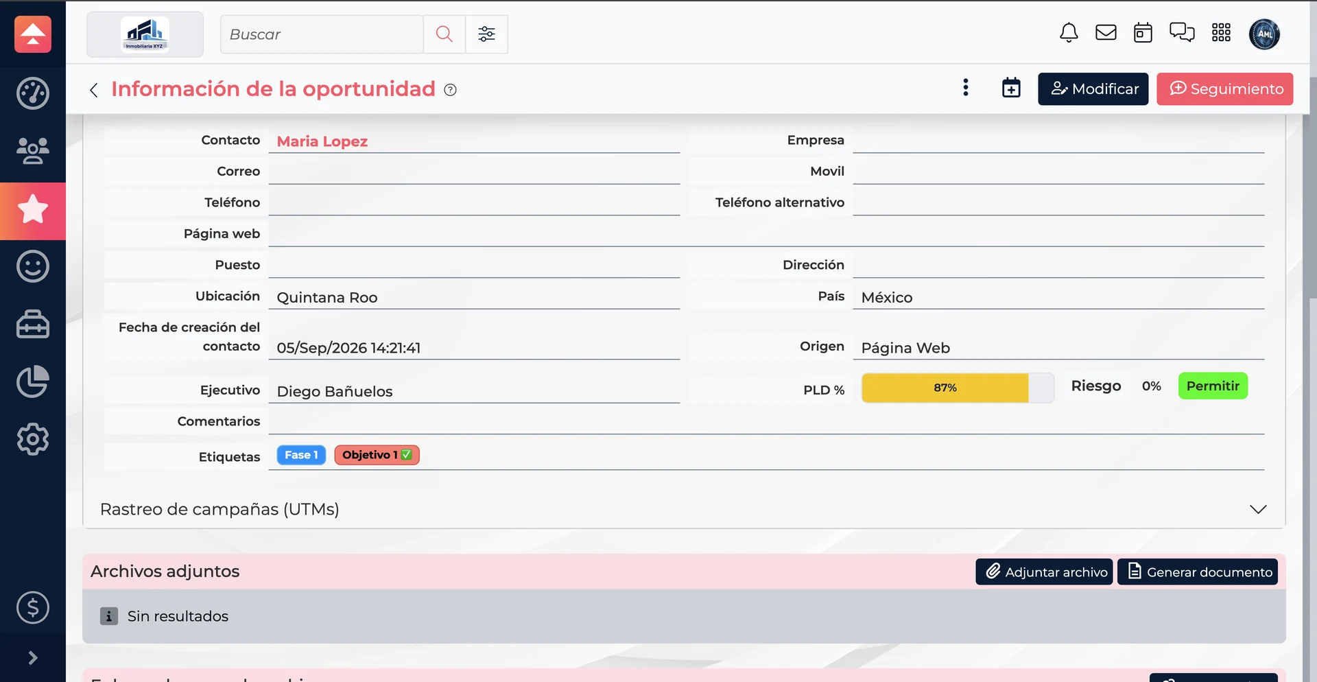 Vista de una oportunidad con el avance del expediente PLD en CRM