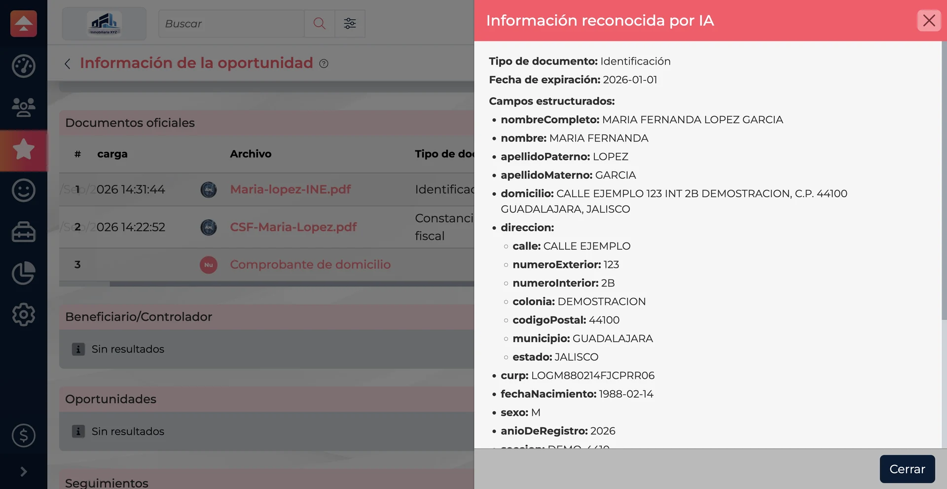 Panel con información estructurada reconocida por IA desde un documento oficial