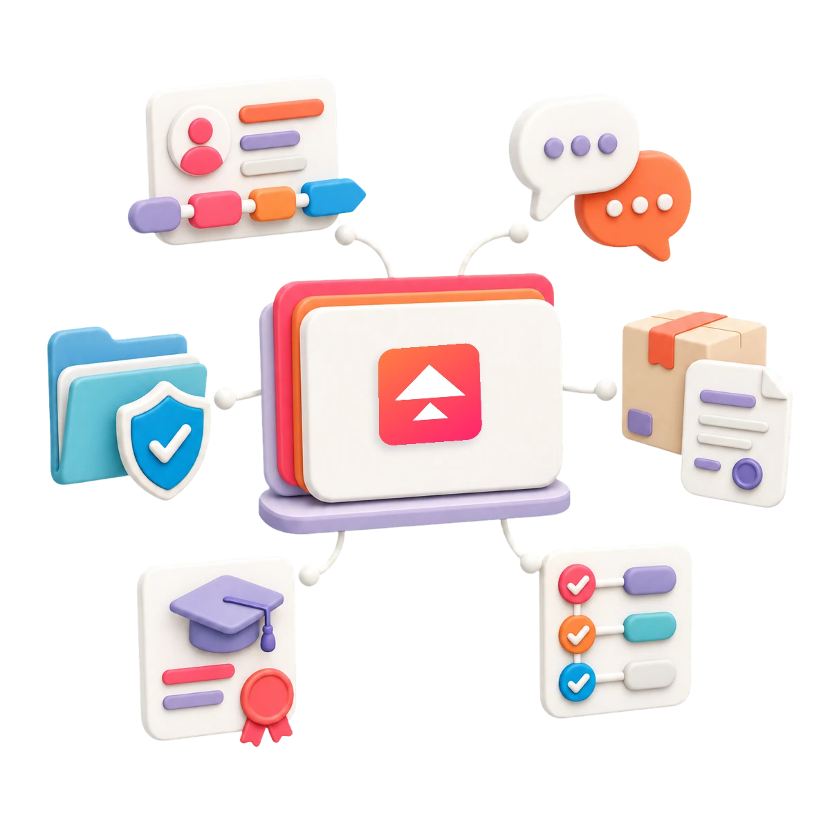 Ilustración 3D de una operación conectada con ventas, conversaciones y procesos empresariales.